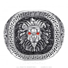 Bague tête de lion clé grecque Acier inoxydable Argent Noir Rubis rouge  IM#25172