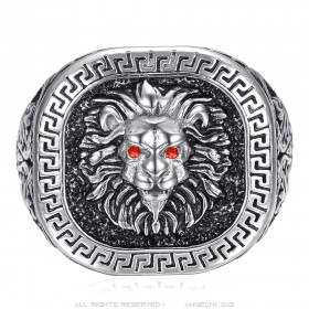Ring Löwenkopf griechischer Schlüssel Edelstahl Silber Schwarz Rubin rot IM#25172