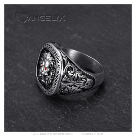 Bague tête de lion clé grecque Acier inoxydable Argent Noir Rubis rouge  IM#25173