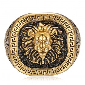 Anello con testa di leone e chiave greca Acciaio inossidabile Oro nero Diamante IM#25178