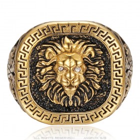 Anillo cabeza de león con llave griega Acero inoxidable Oro negro Diamante IM#25179