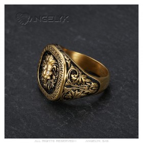 Lion head ring with greek key Stainless steel Black gold Diamond IM#25180