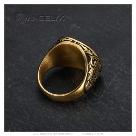 Lion head ring with greek key Stainless steel Black gold Diamond IM#25181