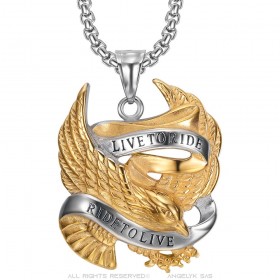 Pendentif biker Aigle Live To Ride USA Acier Or Chaîne  IM#25243