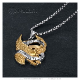 Pendentif biker Aigle Live To Ride USA Acier Or Chaîne  IM#25244