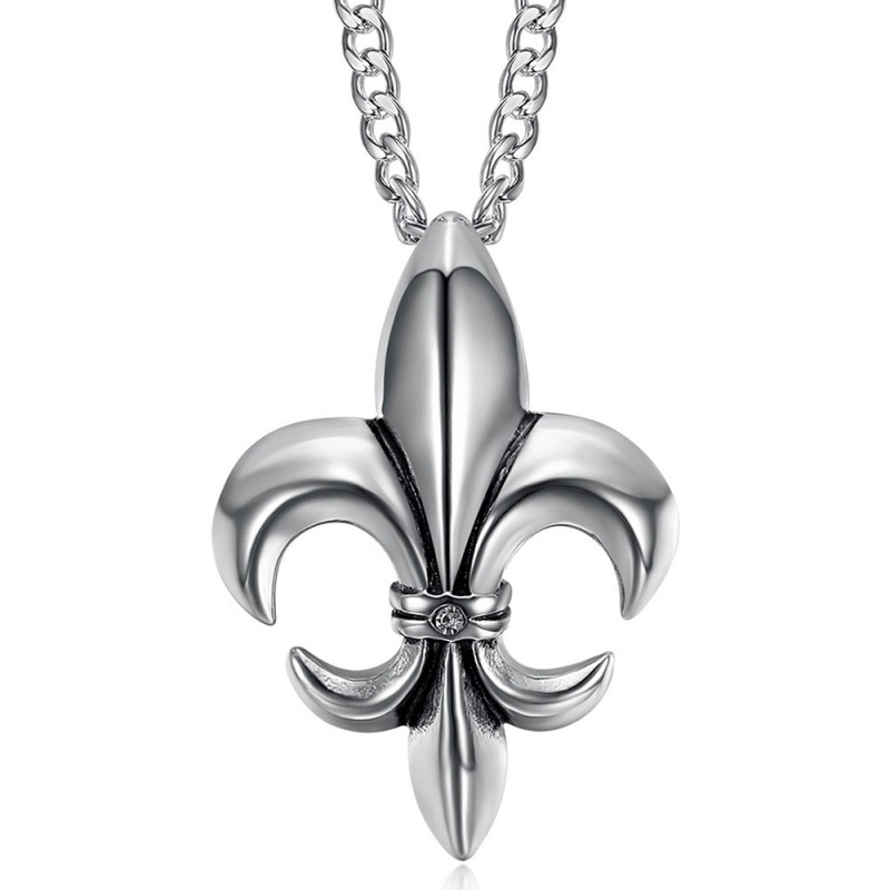 Pendentif fleur de lys Collier Chaîne Zirconium Acier inoxydable Argent  IM#25248