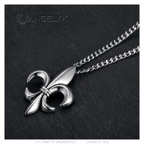 Pendentif fleur de lys Collier Chaîne Zirconium Acier inoxydable Argent  IM#25250