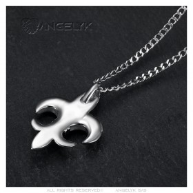 Pendentif fleur de lys Collier Chaîne Zirconium Acier inoxydable Argent  IM#25251