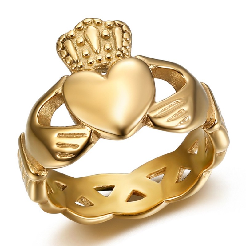 Anillo claddagh para mujer de acero inoxidable y oro.  IM#25274