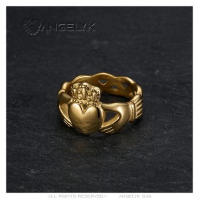 Anillo claddagh para mujer de acero inoxidable y oro.  IM#25276