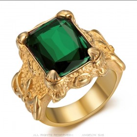 Royalist ring Templar Knight Fleur de Lys Steel Green Gold IM#25316