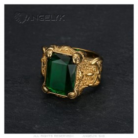 Royalist ring Templar Knight Fleur de Lys Steel Green Gold IM#25317