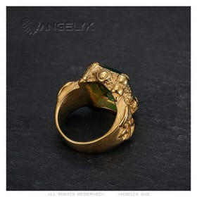 Royalist ring Templar Knight Fleur de Lys Steel Green Gold IM#25318
