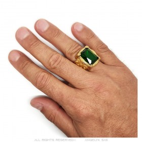 Anillo Realista Caballero Templario Flor de Lis Acero Oro Verde IM#25319