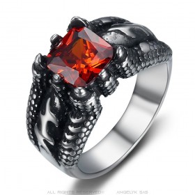 Anillo garra de dragón Rubí rojo Acero inoxidable IM#25323