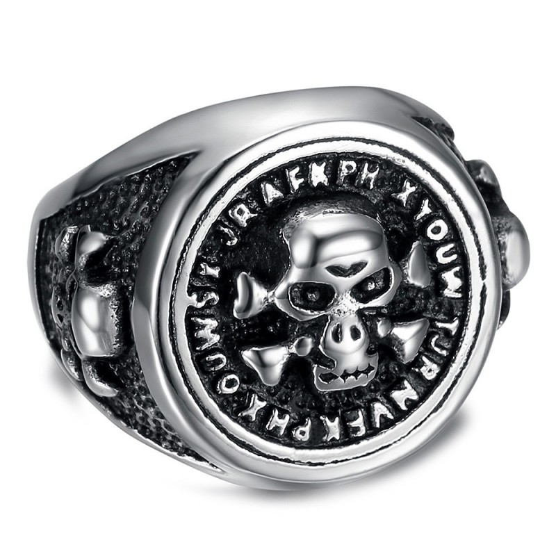 Bague biker crâne homme Chevalière skull Ronde Acier inoxydable  IM#25336