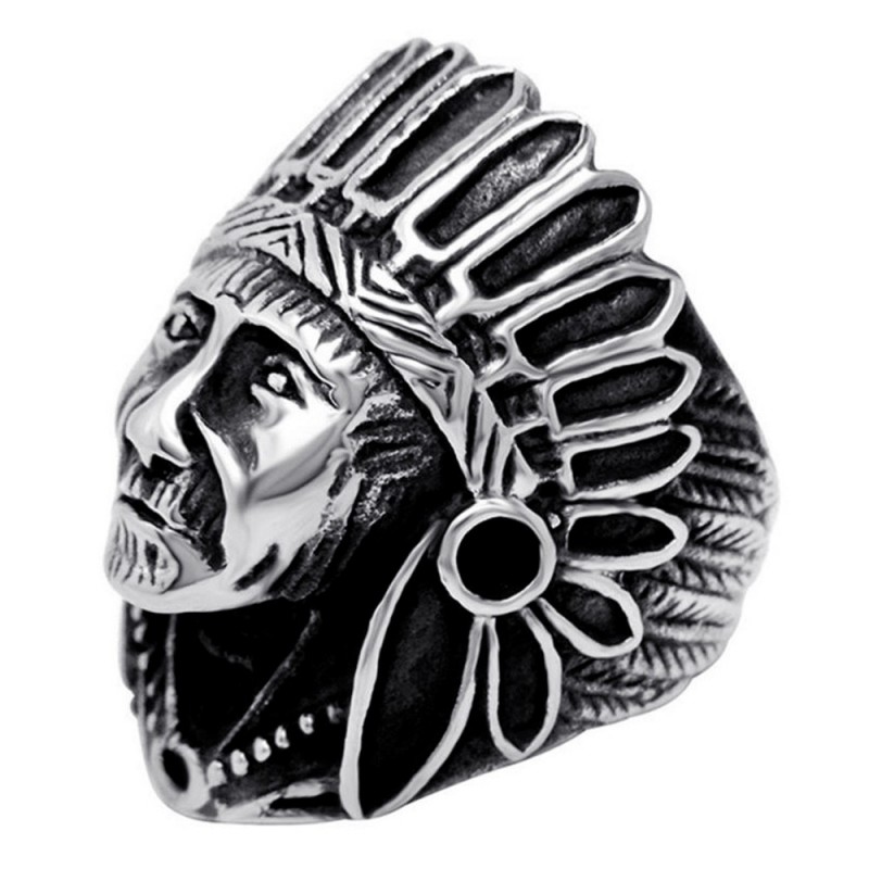 Bague Chevalière Homme Tête d'Indien Acier Argenté  IM#25372