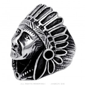 Anello Chevalière da uomo in argento con testa indiana in acciaio IM#25373