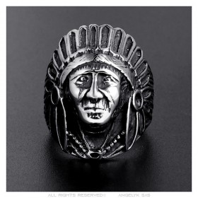 Bague Chevalière Homme Tête d'Indien Acier Argenté  IM#25374