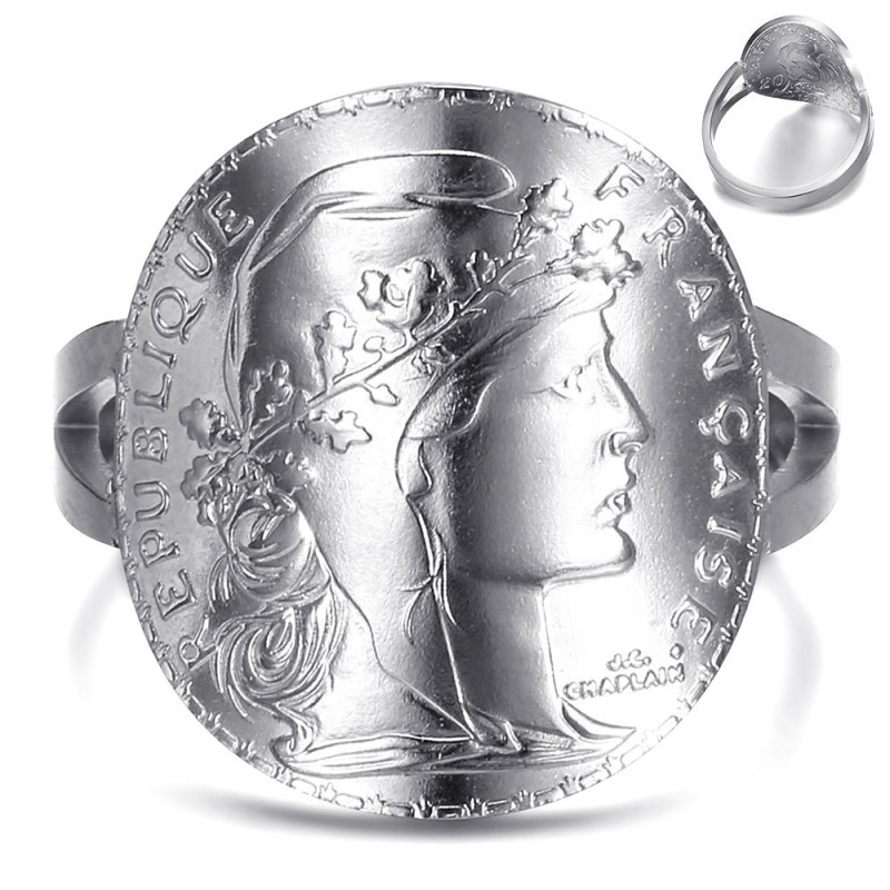 Bague marianne Pièce 20 Francs cintrée Acier Argent  IM#25482