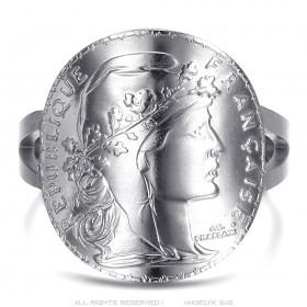 Bague marianne Pièce 20 Francs cintrée Acier Argent  IM#25483