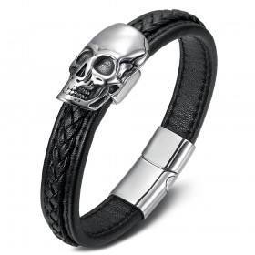 Biker Armband Leder schwarz Totenkopf Skull Edelstahl IM#25567