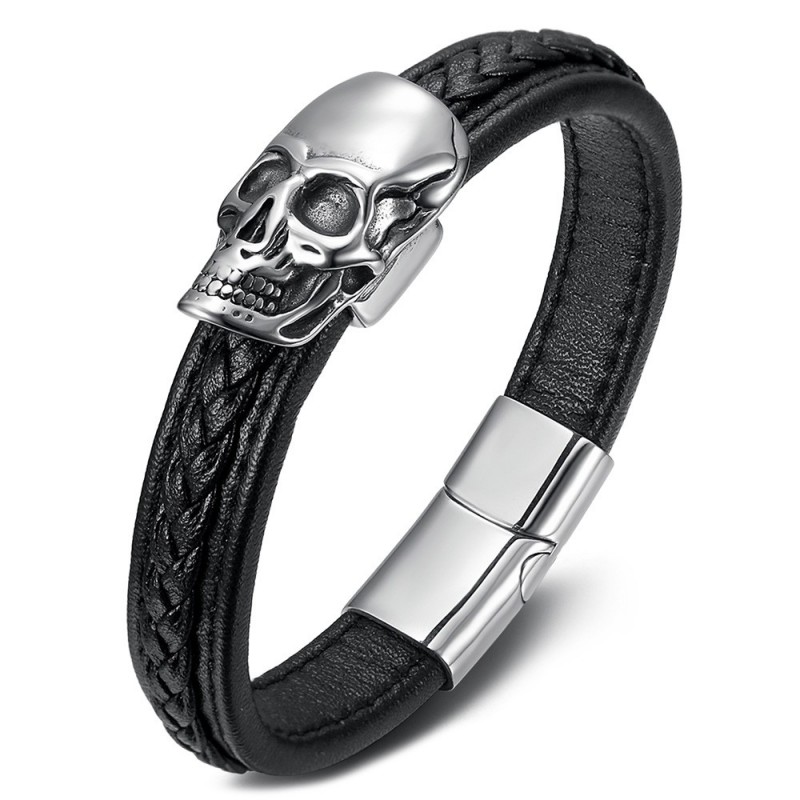 Bracciale biker in pelle nera con teschio in acciaio inossidabile IM#25567