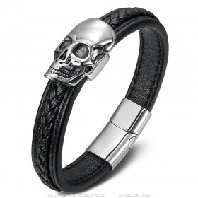 Biker Bracelet Black Leather Skull Stainless Steel IM#25568