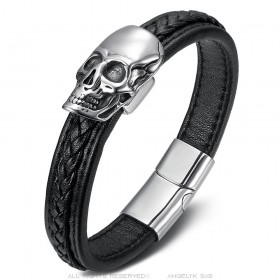 Bracciale biker in pelle nera con teschio in acciaio inossidabile IM#25568