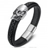 Bracelet Biker Cuir noir Tête de mort Skull Acier Inoxydable  IM#25568