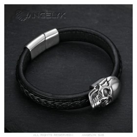 Biker Bracelet Black Leather Skull Stainless Steel IM#25569