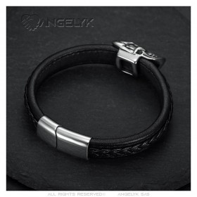 Biker Bracelet Black Leather Skull Stainless Steel IM#25570