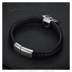 Bracelet Biker Cuir noir Tête de mort Skull Acier Inoxydable  IM#25570