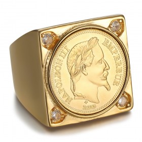 Napoleon Chevalière quadrato Acciaio inossidabile Oro 4 Diamanti IM#25587