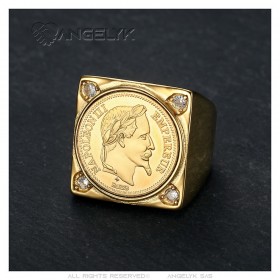 Napoleon Chevalière quadrato Acciaio inossidabile Oro 4 Diamanti IM#25589