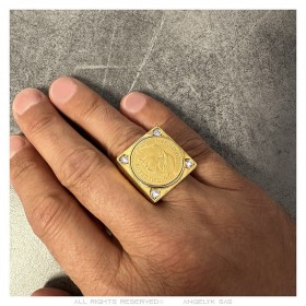 Napoleon Chevalière quadrato Acciaio inossidabile Oro 4 Diamanti IM#25591