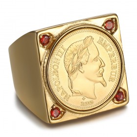 Napoleon Chevalière square Stainless steel Gold 4 Red Ruby IM#25594