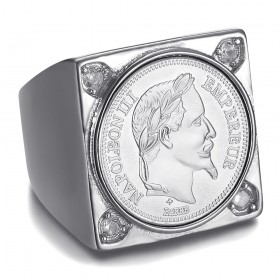 Chevalière Napoléon carrée Acier inoxydable Argent 4 Diamants  IM#25615