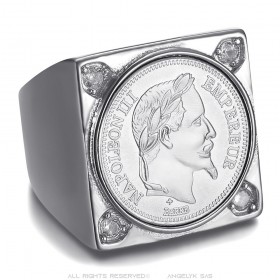 Chevalière Napoléon carrée Acier inoxydable Argent 4 Diamants  IM#25616