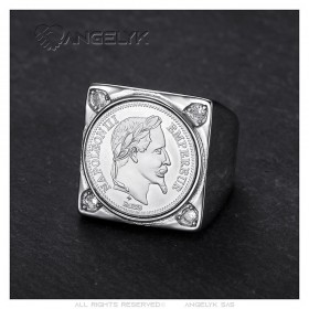 Chevalière Napoléon carrée Acier inoxydable Argent 4 Diamants  IM#25617