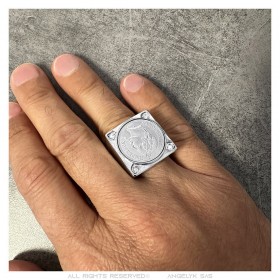 Chevalière Napoléon carrée Acier inoxydable Argent 4 Diamants  IM#25619