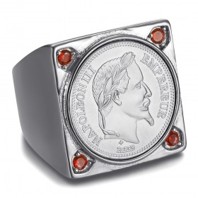 Napoleon Chevalière quadrata Acciaio inox Argento 4 Rosso rubino IM#25622