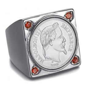 Napoleon Chevalière square Stainless steel Silver 4 Ruby Red IM#25622