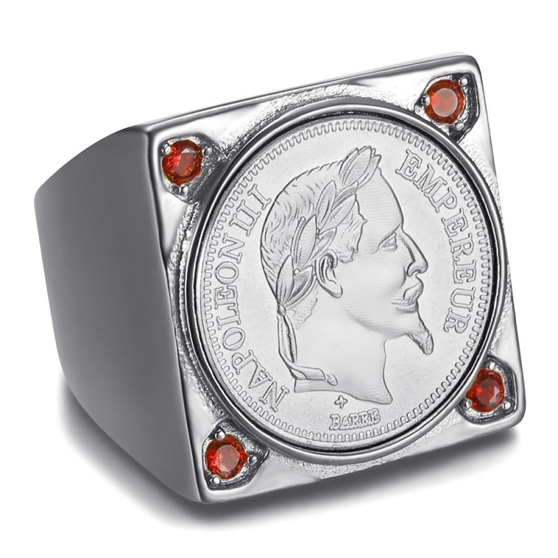 Chevalière Napoléon carrée Acier inoxydable Argent 4 Rubis Rouge  IM#25622