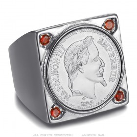 Chevalière Napoléon carrée Acier inoxydable Argent 4 Rubis Rouge  IM#25623