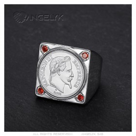 Chevalière Napoléon carrée Acier inoxydable Argent 4 Rubis Rouge  IM#25624