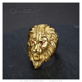 Bague tête de lion Homme Yeux rubis rouge Acier inoxydable Or   IM#25653