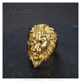 Men's lion head ring Red ruby eyes Stainless steel Gold IM#25653