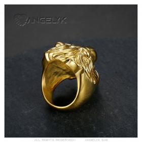 Anello da uomo con testa di leone Occhi di rubino rosso Acciaio inossidabile Oro IM#25654