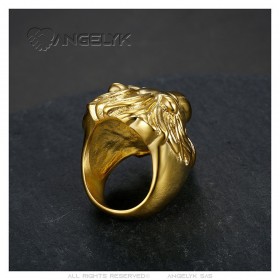 Löwenkopf-Ring Mann Augen Rubinrot Edelstahl Gold IM#25654